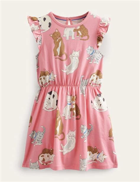 Frill Sleeve Jersey Dress Crab Apple Pink Cats Boden Uk