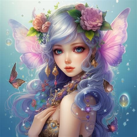 Premium Ai Image Purple Haired Girl With Butterfly Wings And Flowers In Her Hair Generative Ai