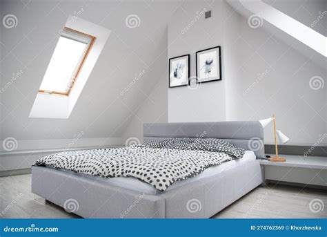 Modern Monochrome Design Home Interior Of Bedroom Room In Mansard With