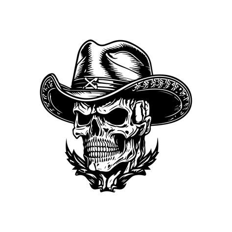 Smiling skull wearing cowboy hat a Hand drawn illustration depicting a ...