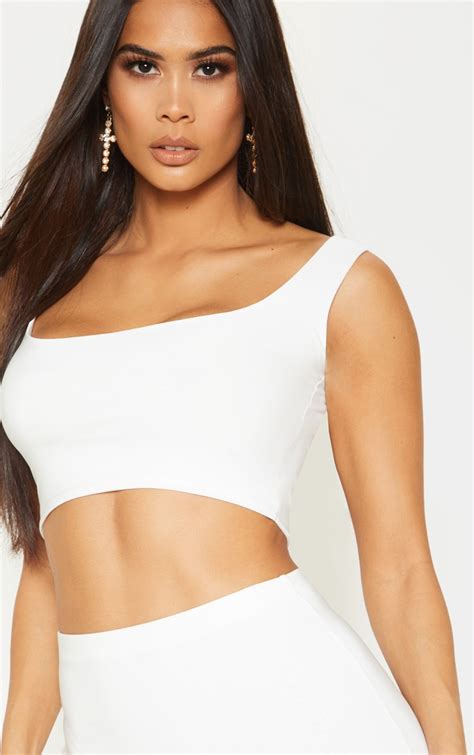 White Slinky Round Neck Sleeveless Crop Top Prettylittlething Usa