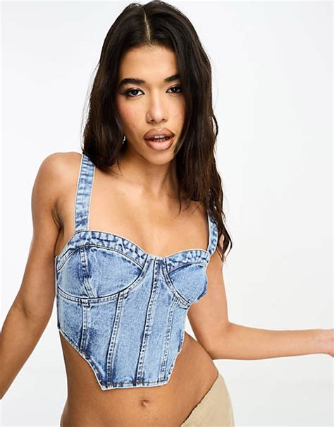 Miss Selfridge Contrast Stitch Denim Corset Bralet Top In Bleached Wash