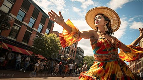 Portrait girl wearing sombrero dancing on the street of city AI Generative 30824557 Stock Photo ...