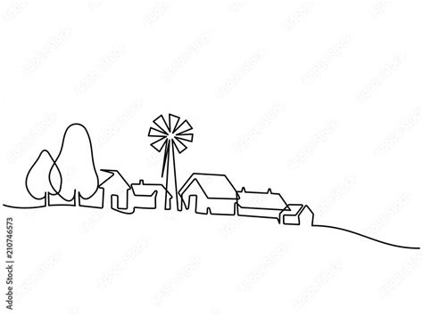 Continuous Line Drawing Landscape With Village On Hill Vector