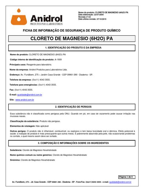 Cloreto De Magnésio Pdf - Ficha de Segurança: Cloreto de Magnésio PA | PDF | Primeiros socorros ...