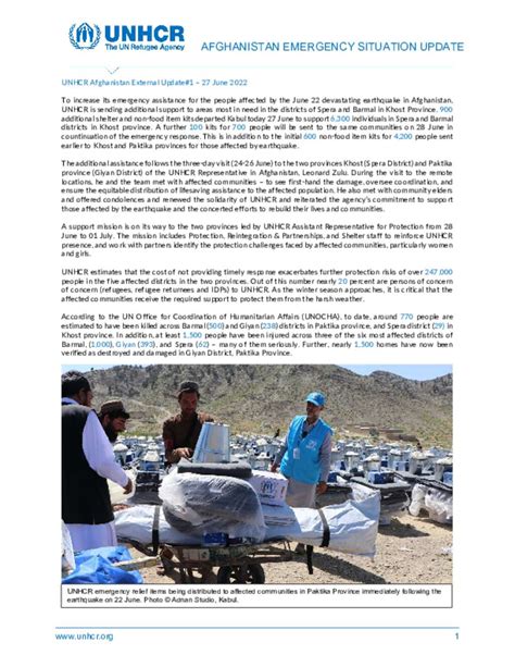 Document UNHCR AFGHANISTAN EARTHQUAKE RESPONSE EXTERNAL UPDATE 1