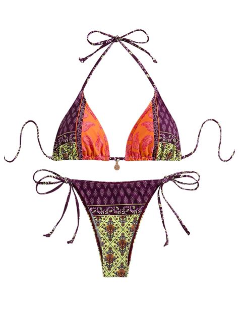 Verdusa Women S Piece Paisley Print Swimsuit Boho Halter Backless High Cut String Bikini Set