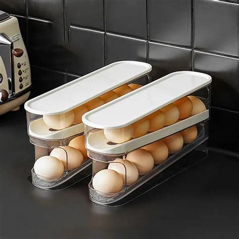 Egg Holder Refrigerator Automatic Rolling Egg Dispenser Organizer Space