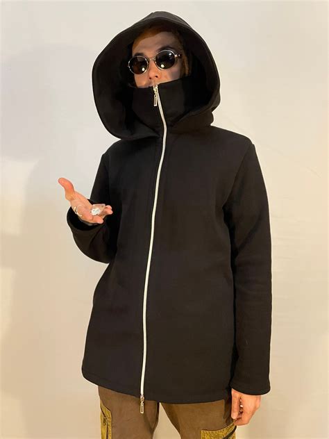 Black hoodie Zipper hoodie Elf big hood Men sweatshirt | Etsy