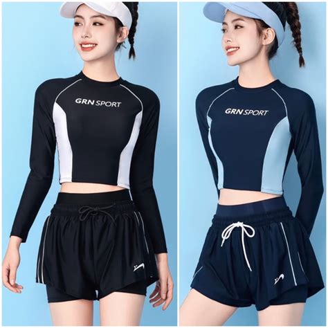 Đồ bơi nữ CR03 áo tắm bikini 2 mảnh áo croptop dài tay sẵn đệm ngực quần cạp cao 2 lớp cực tôn