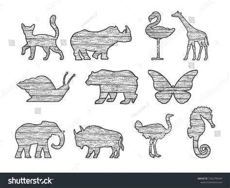 Wooden Animals Silhouette Set Sketch Engraving Stock Vector (Royalty ...