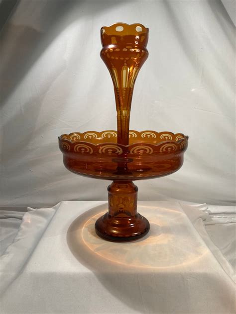 Egermann Bohemian Amber Etched Glass Epergne Etsy