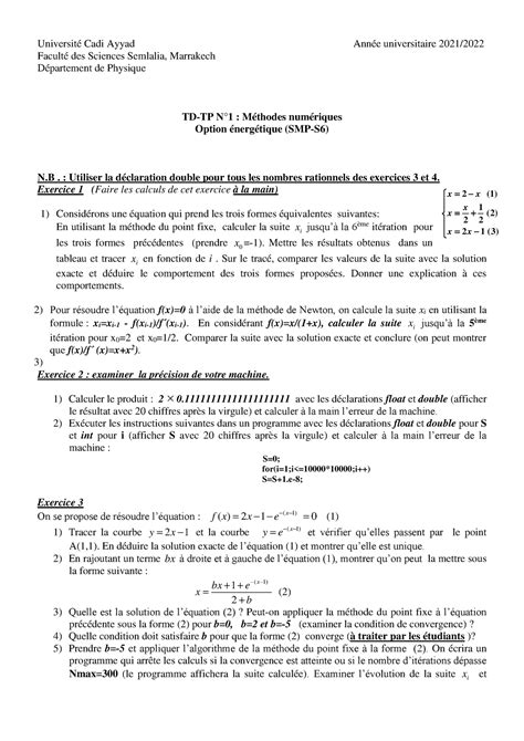 TD TP 1 num ENE S6 21 22 tdet tp Université Cadi Ayyad Année