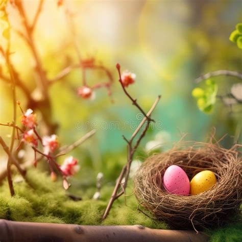 Easter Colored Eggs And Pussy Willow Twigs In A Wicker Basket Hand