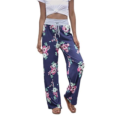 Women S Loose Floral Print Palazzo Pants Drawstring Waist Wide Leg Trousers Ebay