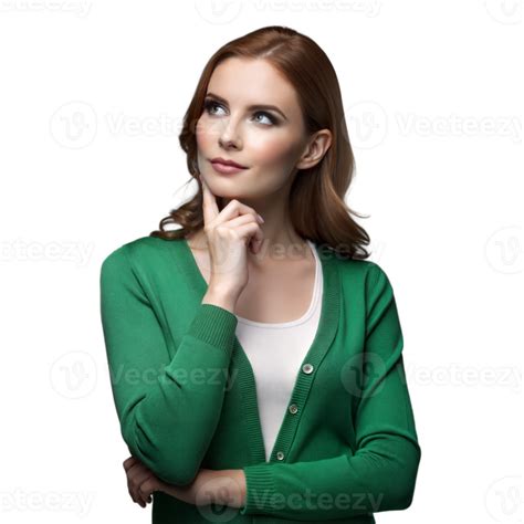 Thoughtful Woman In Green Cardigan On Transparent Background 46464303 Png