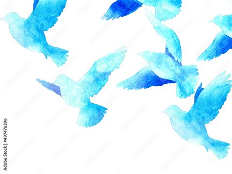 飛ぶ青い鳥シルエット 羽ばたく鳥の手描き水彩イラスト背景素材 Stock Illustration Adobe Stock