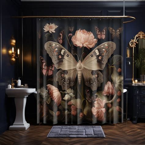 Moody Dark Floral Moth Shower Curtain Vintage Celestial Apothecary