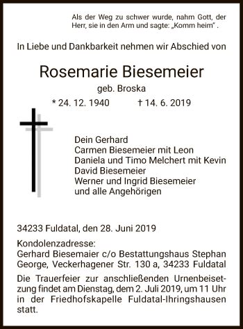 Traueranzeigen Von Rosemarie Biesemeier Trauer HNA De