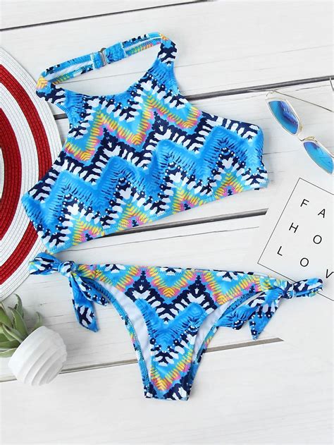 Chevron Print Side Tie Halter Bikini Set Shein Sheinside