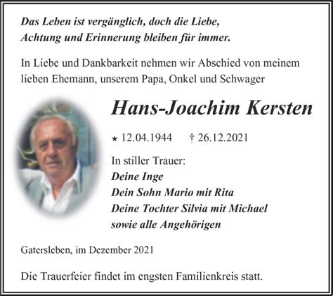 Traueranzeigen Von Hans Joachim Kersten Abschied Nehmen De