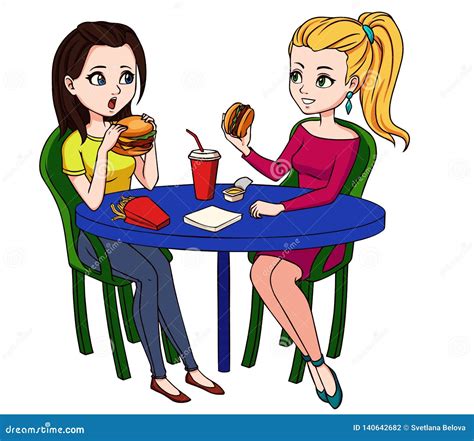 Female Friends Eating Fast Food Meal In Restaurant Two People Sitting