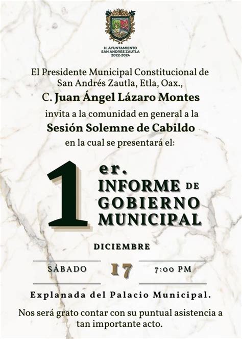 Invitación al 1er Informe de Gobierno Municipal San Andres Zautla