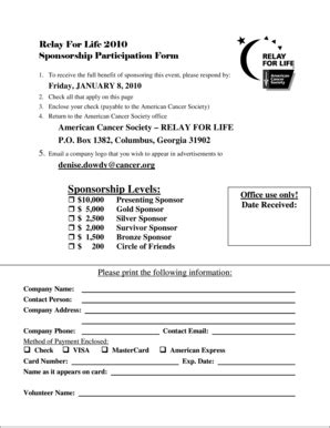 Fillable Online Relay Acsevents RFL Sponsorship Form 2010 Relay For