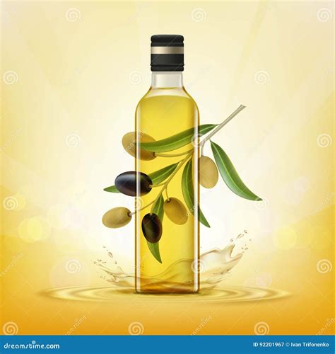 Glass Bottle With Oil And Olives With Leaves On A Branch Stock Vector Illustration Of