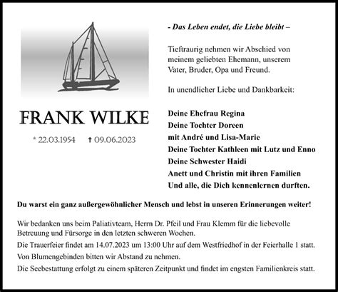 Traueranzeigen Von Frank Wilke Trauer Anzeigen De