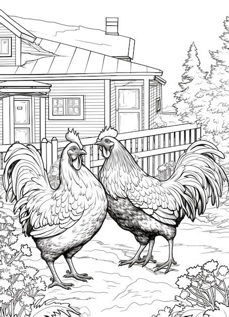 Premium Photo A Black And White Drawing Of Two Roosters In Front Of A