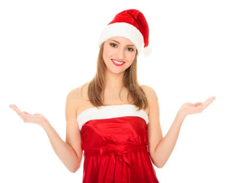 Belle Femme Sexy Du Père Noël Dans Le Chapeau De Rouge De Réception