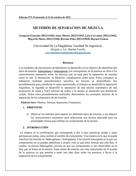 Informe 5 Separacion De Mezclas Informe N°5 Presentado El 13 De