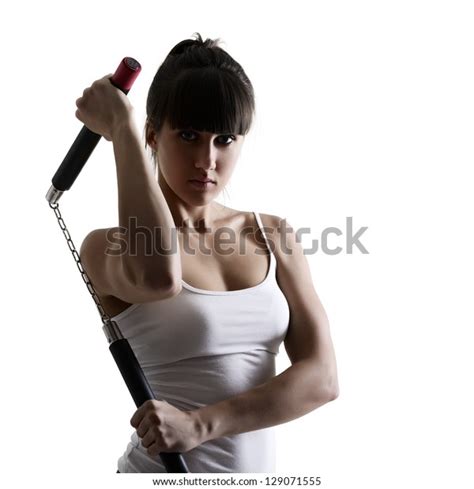 Sport Karate Girl Doing Exercise Nunchaku Stock Photo