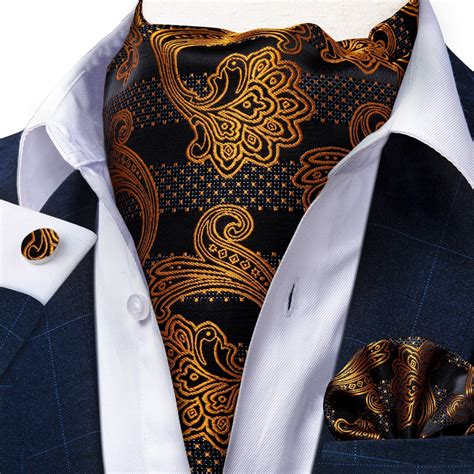 Men Scrunch Self British Style Ascot Neck Tie Vintage Gold Black