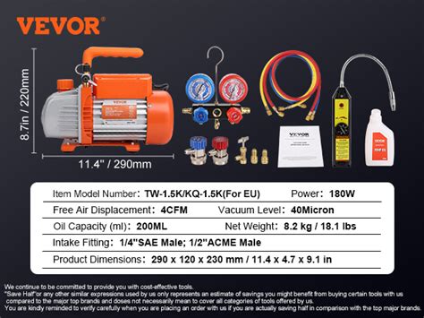 Vevor Hp Cfm Ac Vacuum Pump And Gauge Set Single Stage Rotary