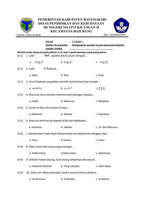 Soal Pais Kelas 2 Sd 37 Soal Ujian Pemerintah Kabupaten Batanghari Dinas Pendidikan Dan