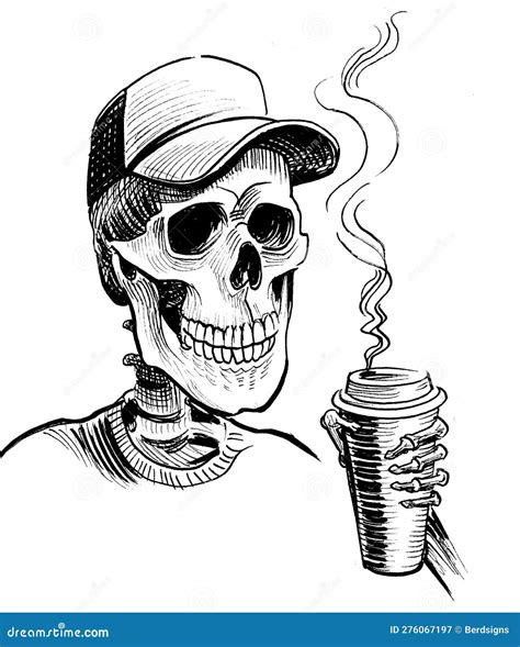 Human Skeleton Drinking A Cup Of Coffee Stock Illustration