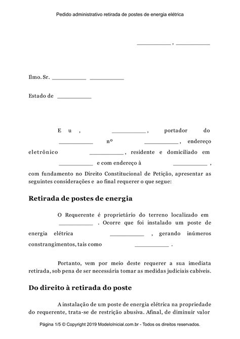 Modelo Pedido administrativo retirada de postes de energia elétrica