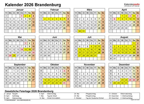 Kalender 2026 Brandenburg Ferien Feiertage PDF Vorlagen