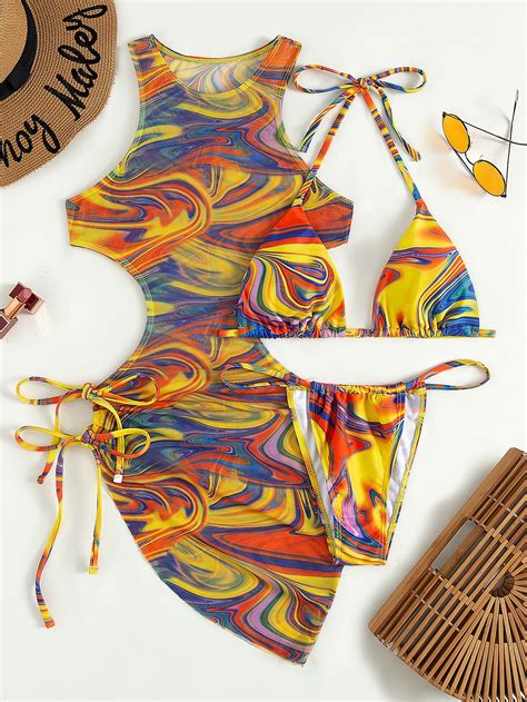 3 piezas bañador bikini micro triángulo halter con patrón de fluido con