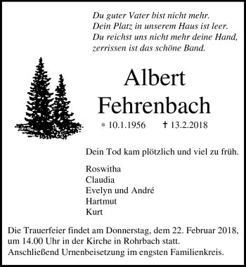 Traueranzeigen Von Albert Fehrenbach Schwarzw Lder Bote Trauer