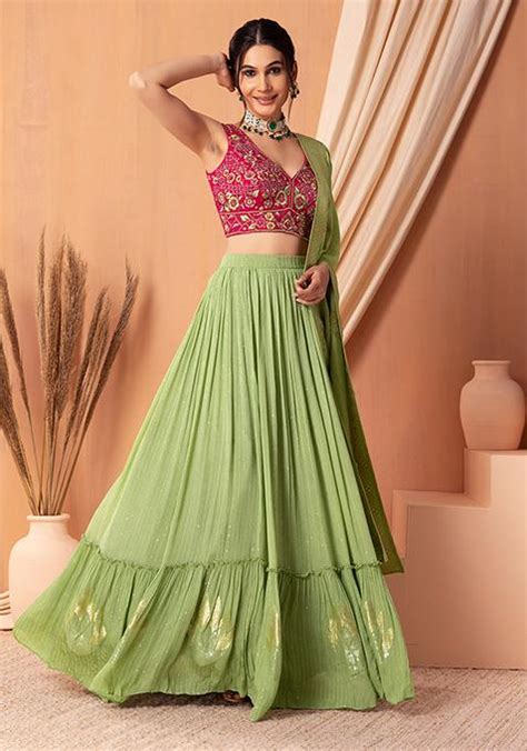 Buy Women Pista Green Tiered Lehenga Set With Contrast Embroidered Blouse And Dupatta Ill00397