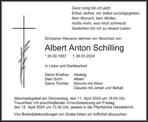 Traueranzeigen Von Albert Anton Schilling Schwaebische De Trauerportal