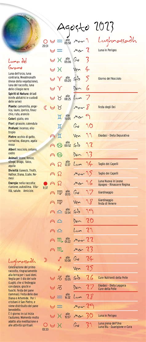 Calendario Lunare Lunario Agosto 2024