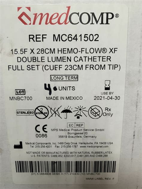 New MEDCOMP Box Of 4 MC641502 15 5F X 28CM Hemo Flow XF Double Lumen