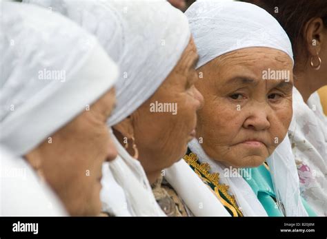 Elderly Kazakh Women Wearing White Headdress In Nur Sultan Or Nursultan