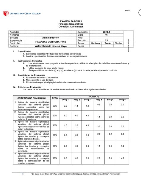 Examen Parcial I De Finanzas Corporativas EXAMEN PARCIAL I Finanzas