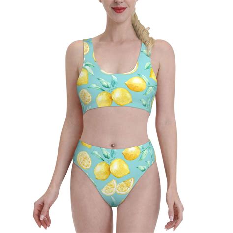 Haiem Yellow Lemon Women S High Waisted Bikini Set Two Piece Bathing