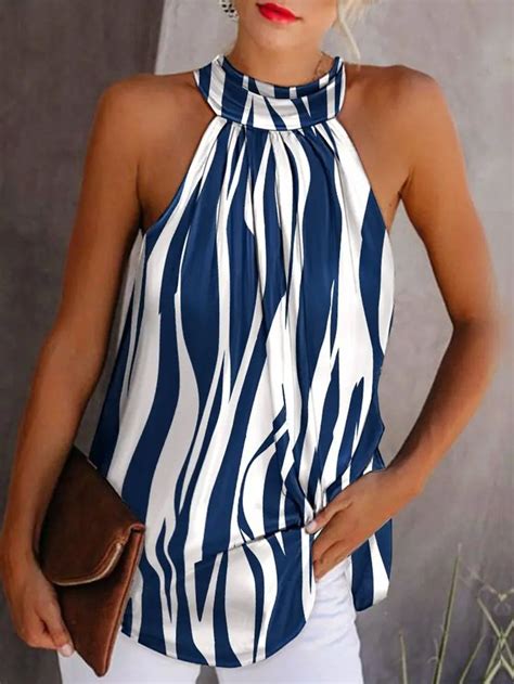 Stylewe Striped Blue Green Rose Red Women Tunics Halter Casual Satin